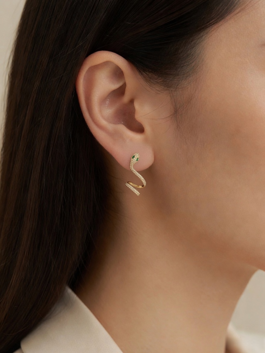 CARV. gold snake curve earrings worn on ear with pavé texture and sculptural serpent shape