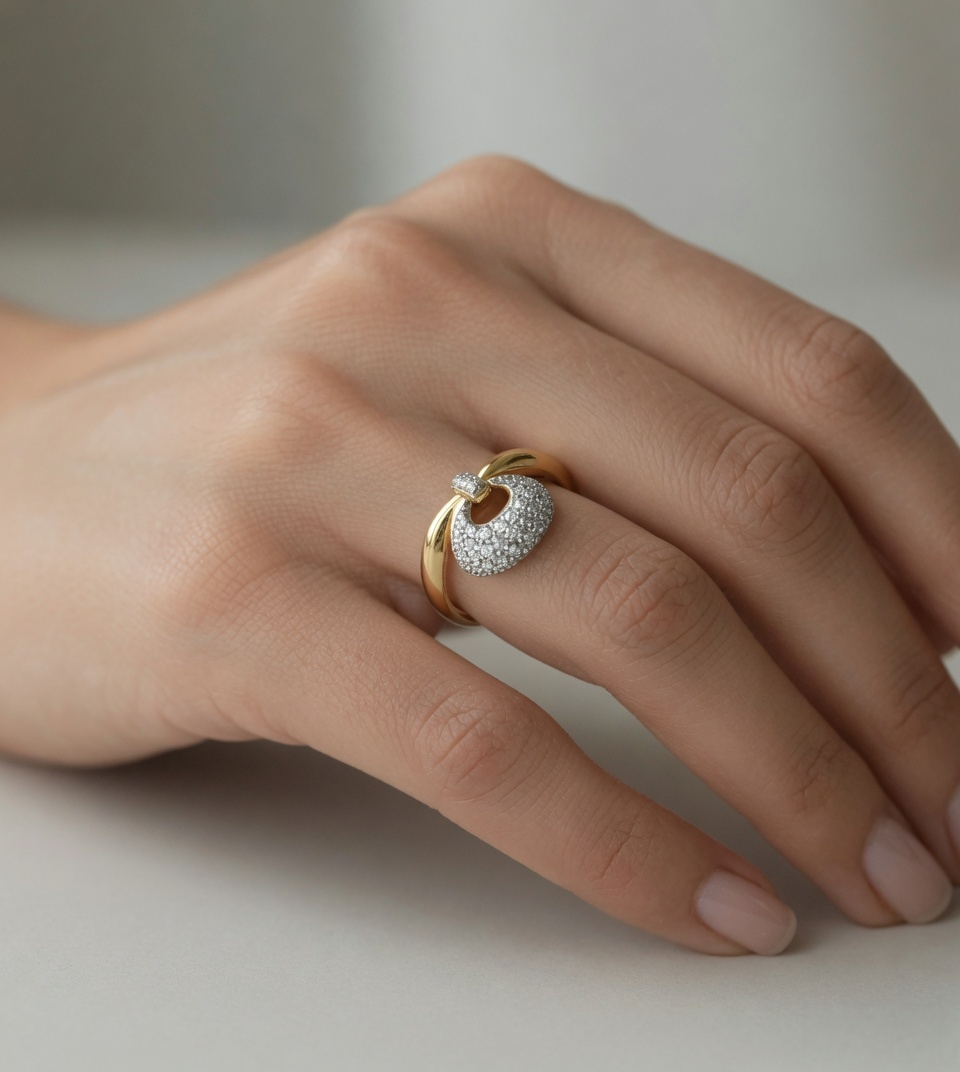 CARV. gold bag charm ring worn on hand with round charm shape and sparkling pavé detail