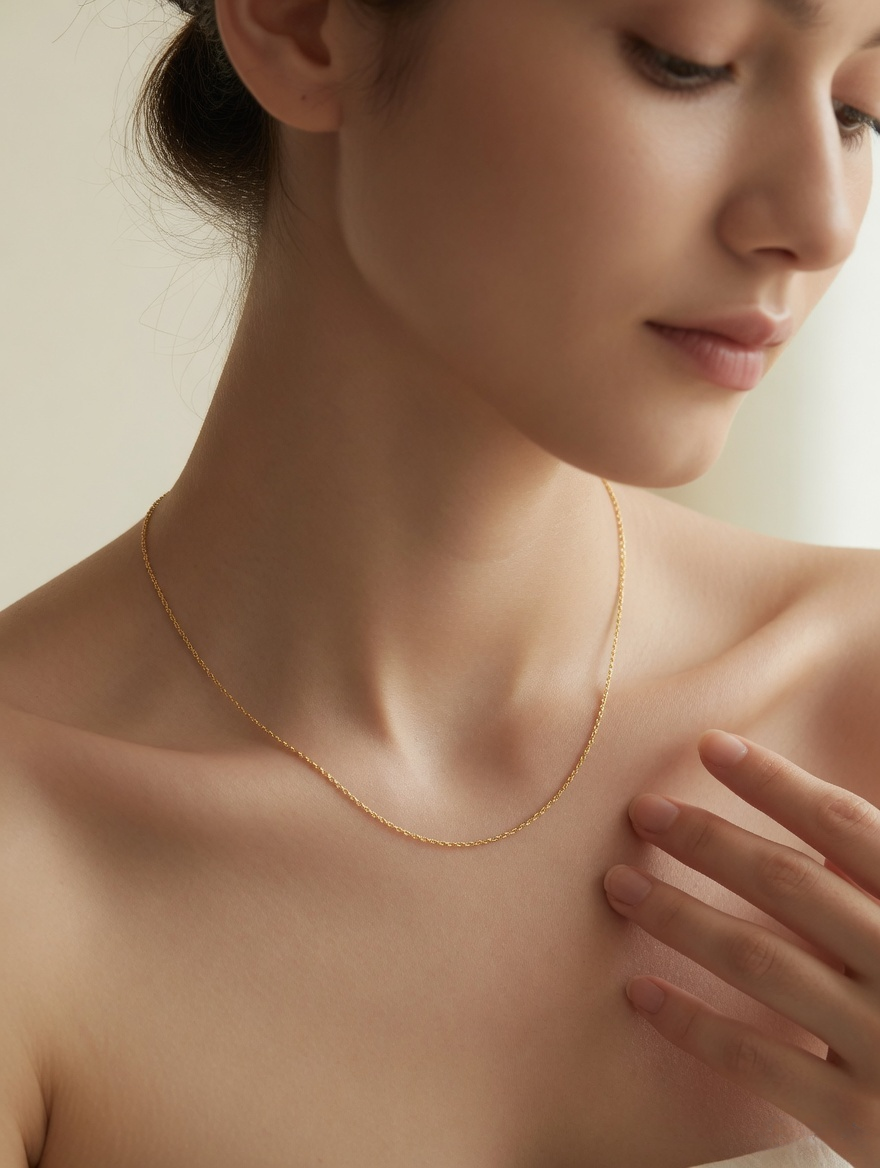 CARV. gold twist chain necklace worn at collarbone with fine twisted chain detail