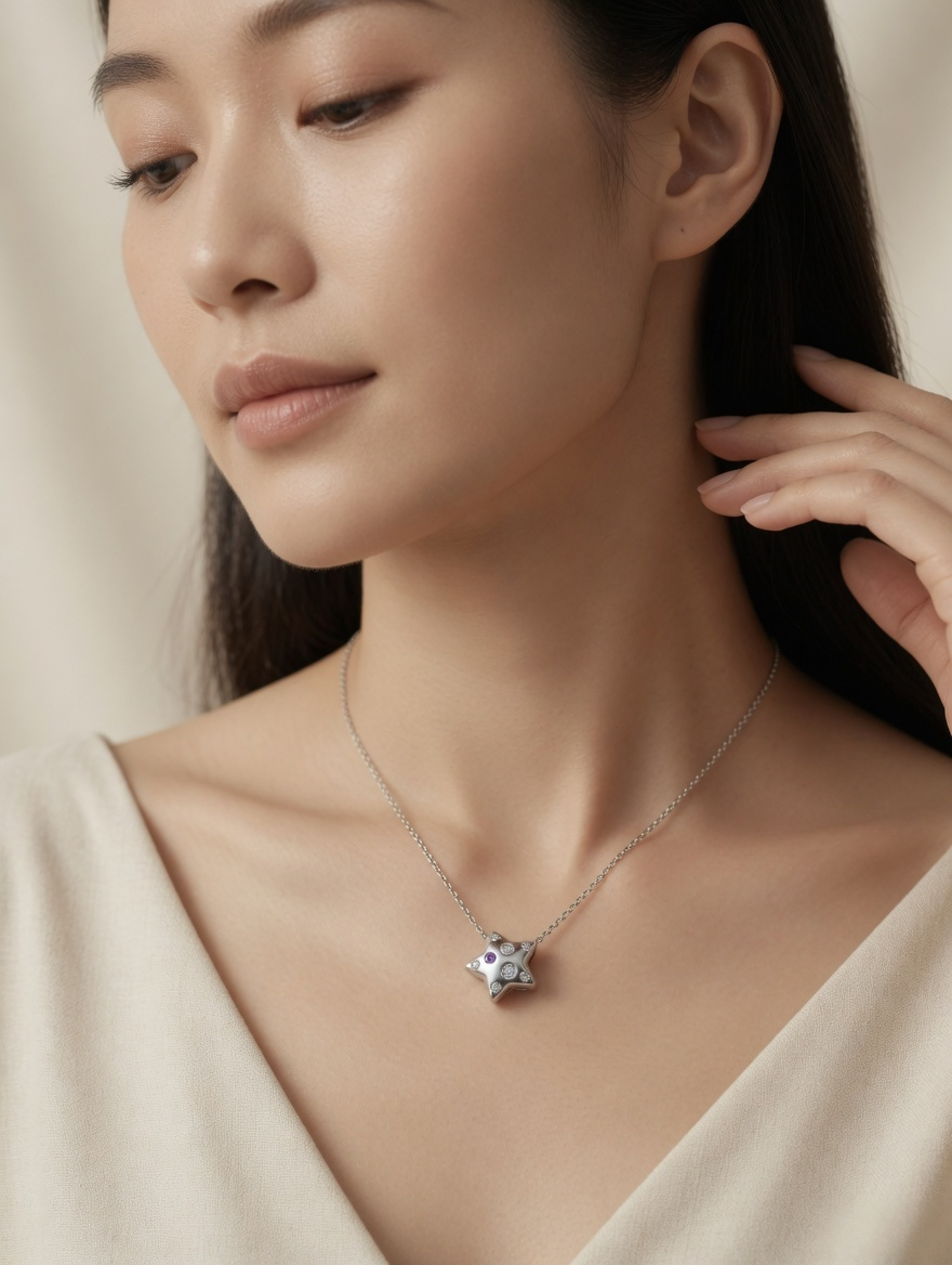 CARV. silver star zircon pendant necklace worn at collarbone with delicate fine chain
