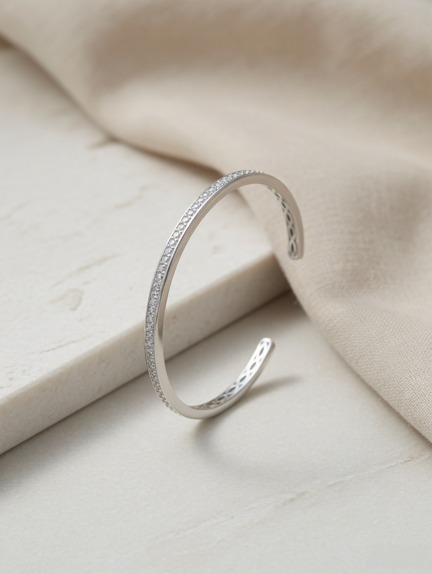 CARV. silver open cuff bangle with slim curved shape and pavé crystal detail product display