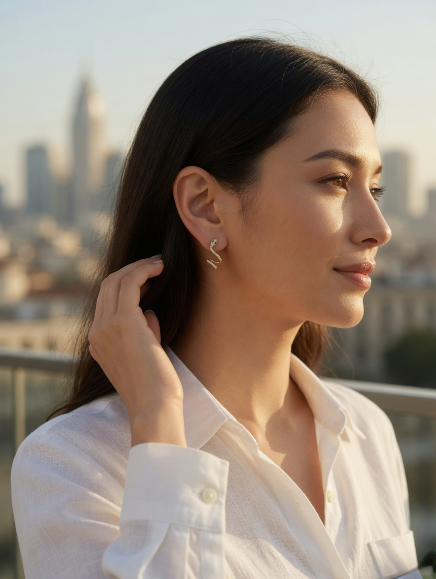CARV. gold snake curve earrings worn on ear with pavé detail and green eye accent