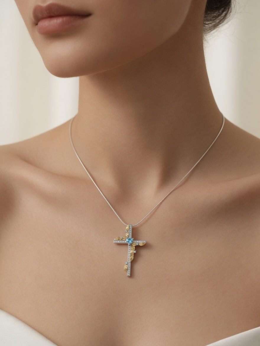 CARV. two-tone cross pendant necklace with blue heart stone and gold leaf accents worn at collarbone