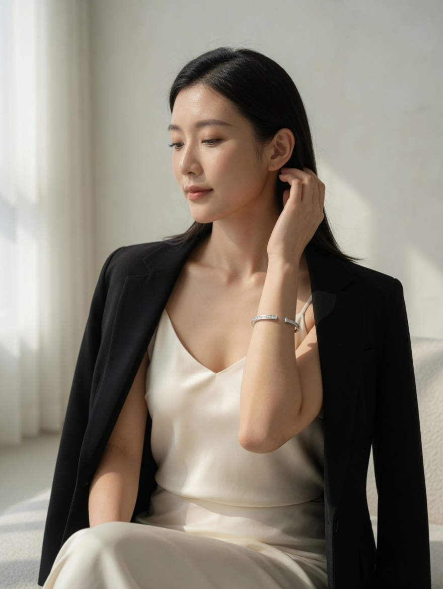 CARV. silver open cuff bangle with slim curved shape and pavé detail worn on wrist