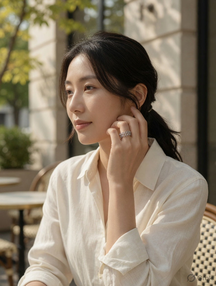 CARV. silver open lace ring worn with a white shirt for everyday styling