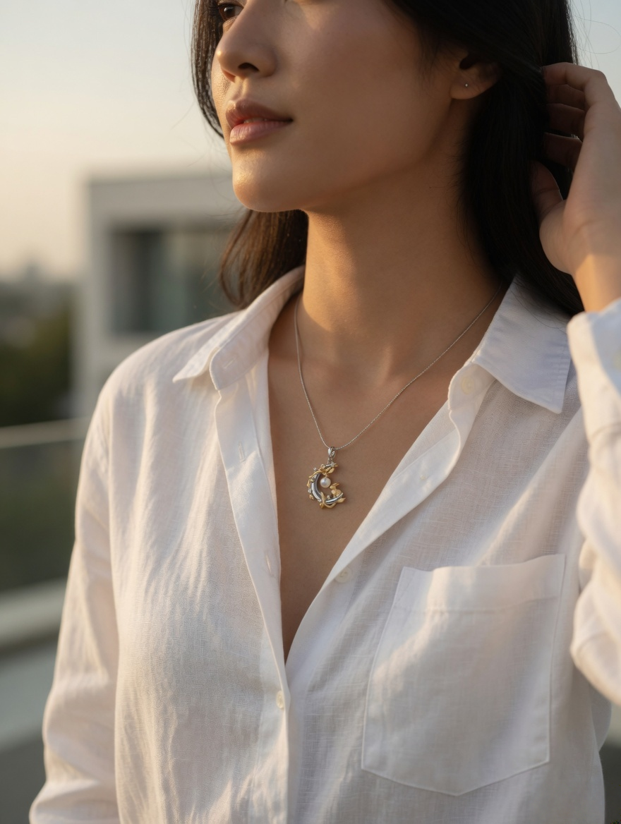 CARV. two-tone moon rabbit pearl pendant necklace with pearl charm, silver crescent moon and gold rabbit detail worn on neck