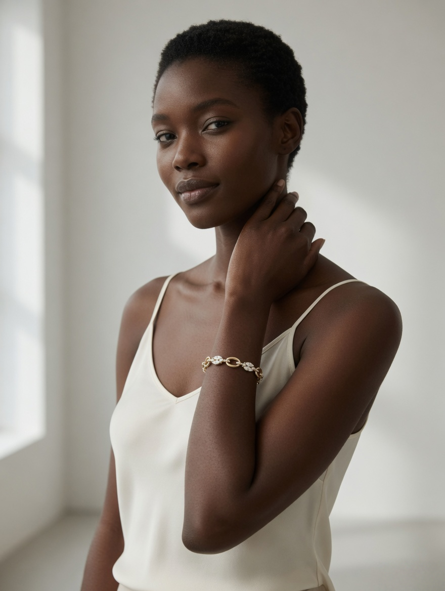 CARV. gold link bracelet with oval links and marquise crystal accents worn on wrist portrait view