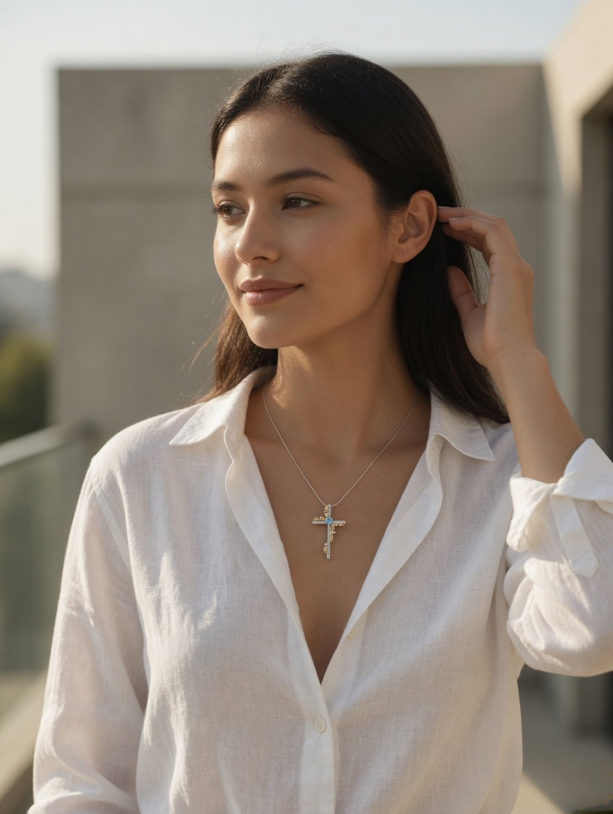 CARV. two-tone cross pendant necklace with blue heart stone and leaf-accented cross pendant worn at collarbone