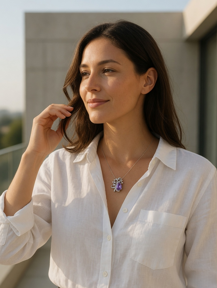 CARV. silver lavender bow pendant necklace with purple pear-cut pendant worn at collarbone