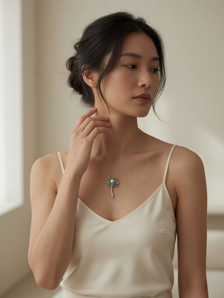 CARV. silver palm tree pendant necklace with pearl center and green stone leaves worn on neck