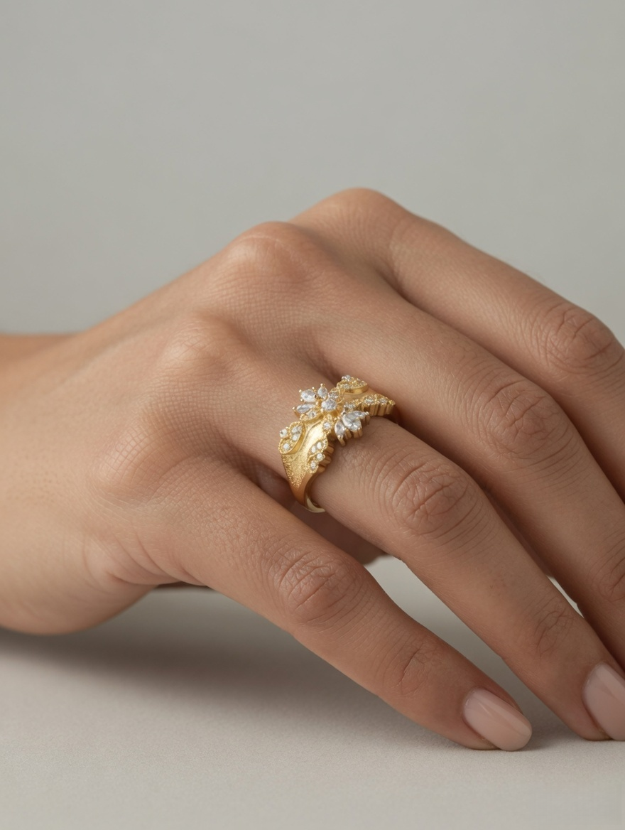 CARV. gold floral statement ring with crystal cluster and leaf detail worn on hand