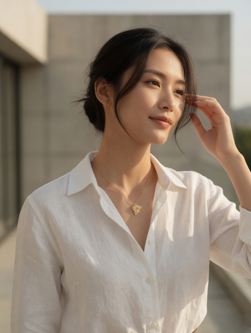 CARV. gold oak leaf pearl pendant necklace worn at collarbone in outdoor portrait