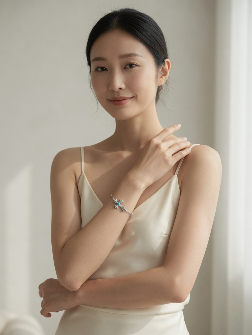 CARV. silver cross bracelet with turquoise centre detail worn on wrist with delicate chain