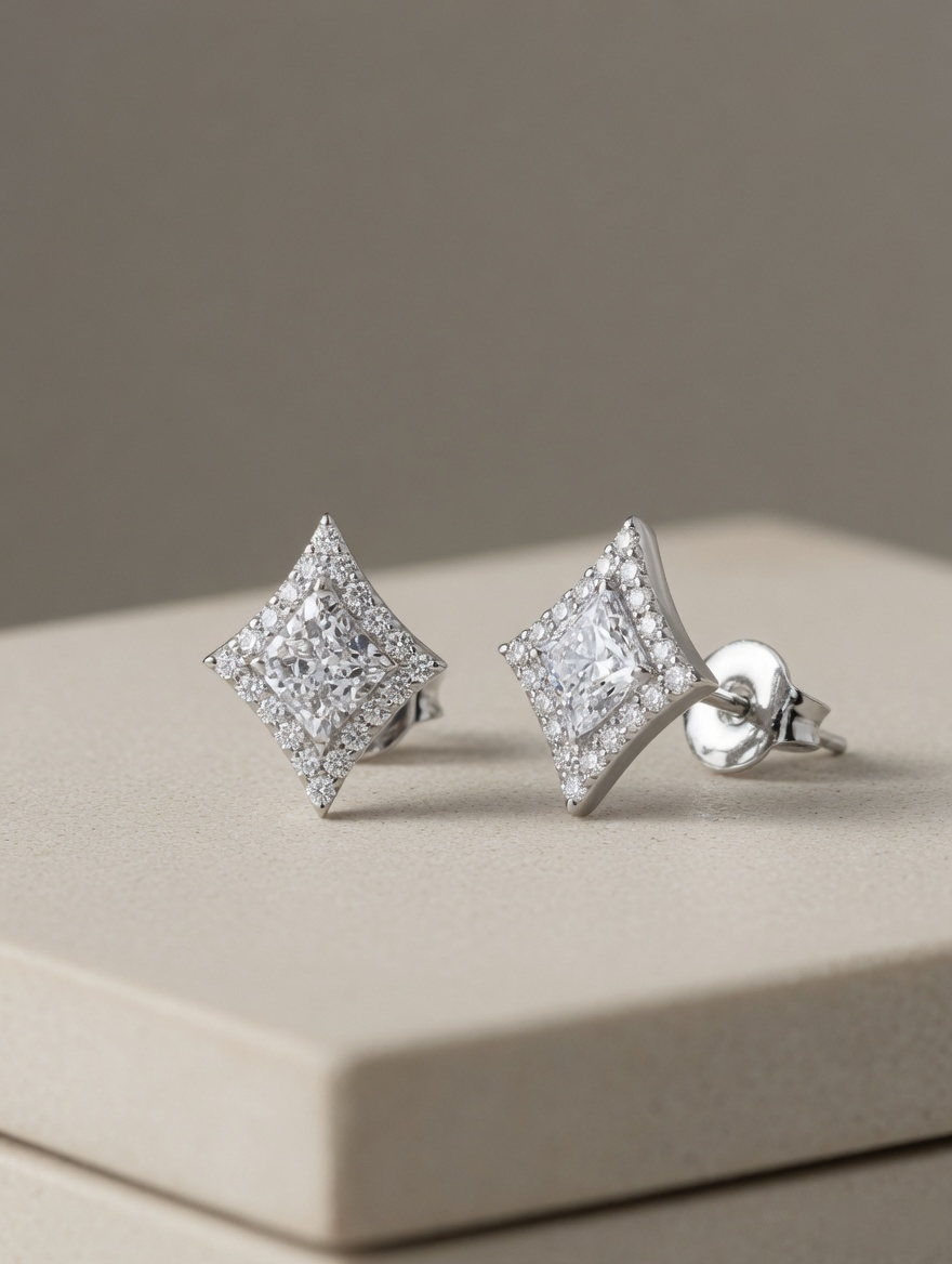 CARV. silver diamond lattice stud earrings with textured centre and pavé border product display