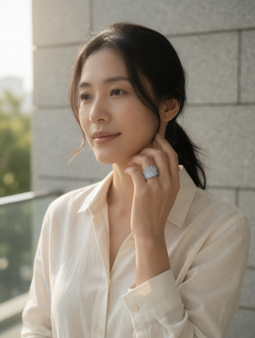 CARV. silver feather statement ring worn with a white shirt for polished everyday styling