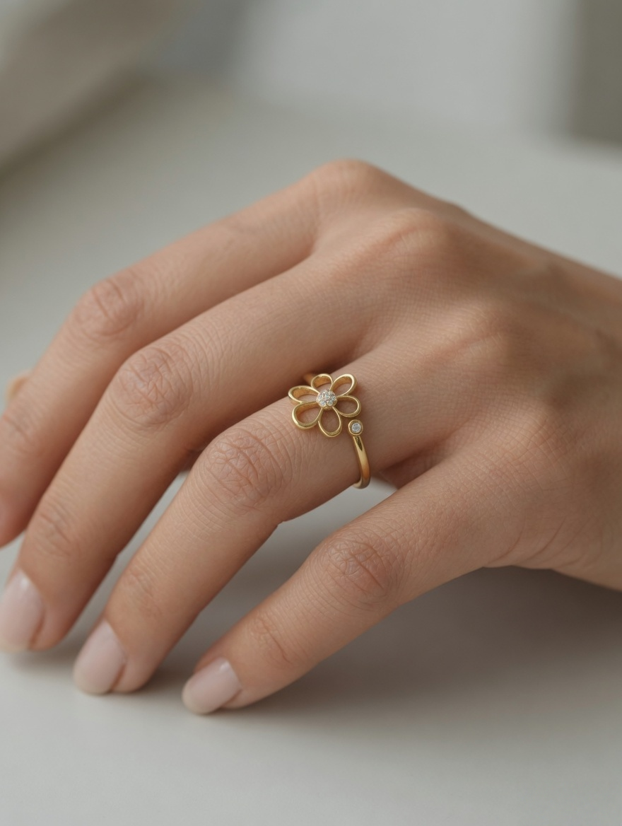 CARV. gold daisy flower ring with crystal center and open petal design worn on hand