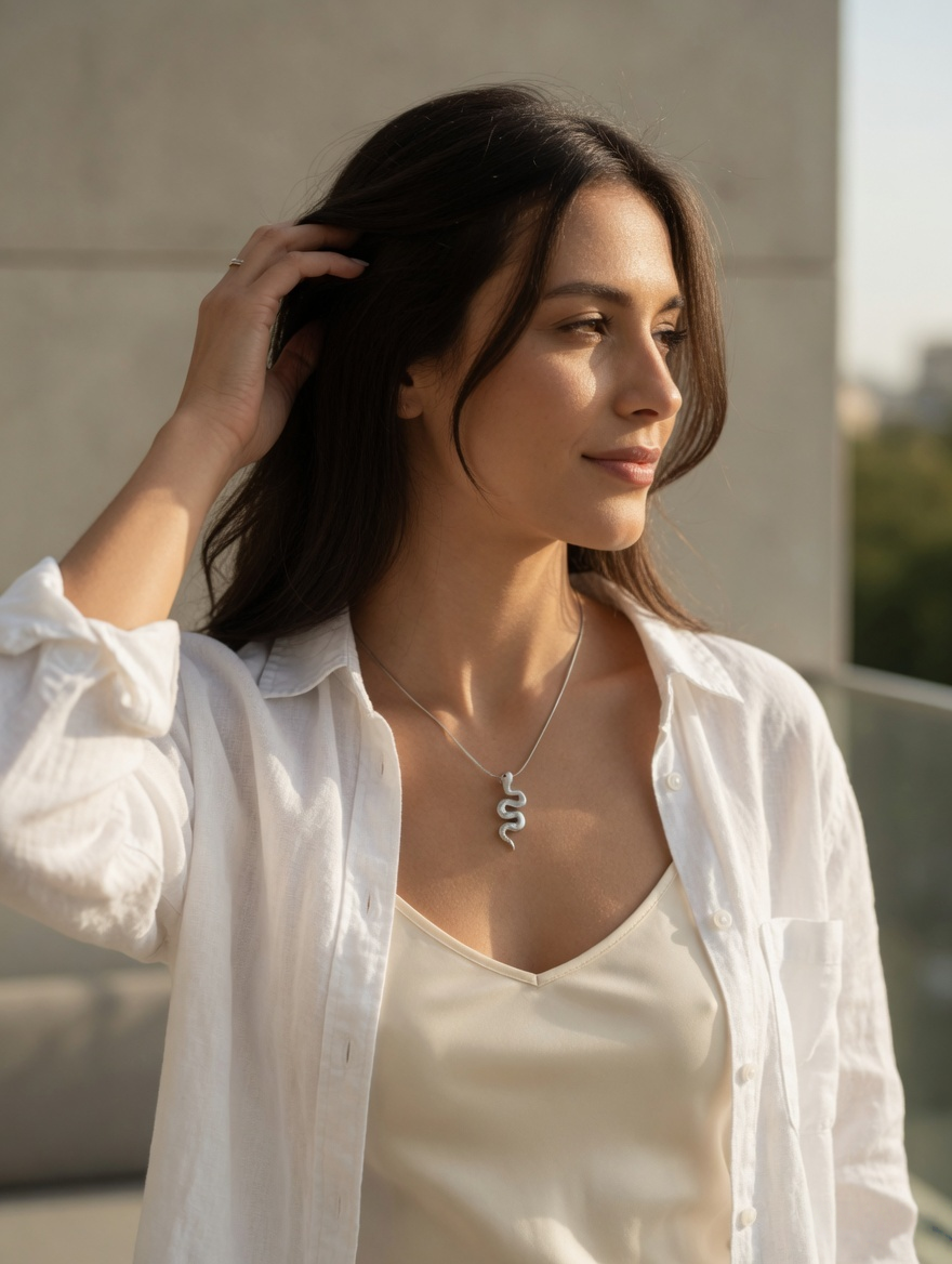 CARV. silver snake pendant necklace worn at collarbone with coiled serpent pendant detail