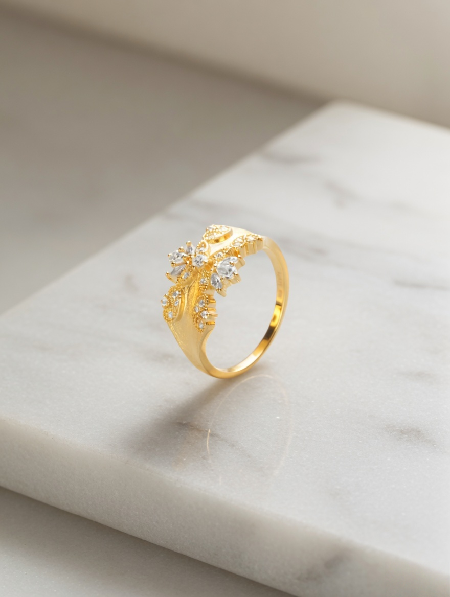 CARV. gold floral statement ring with crystal cluster, leaf detail and polished band product display