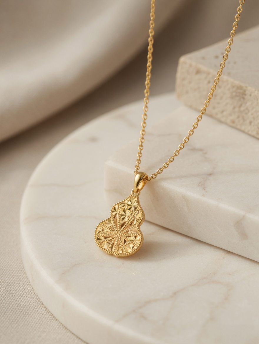 CARV. gold filigree gourd pendant necklace with engraved drop pendant product display