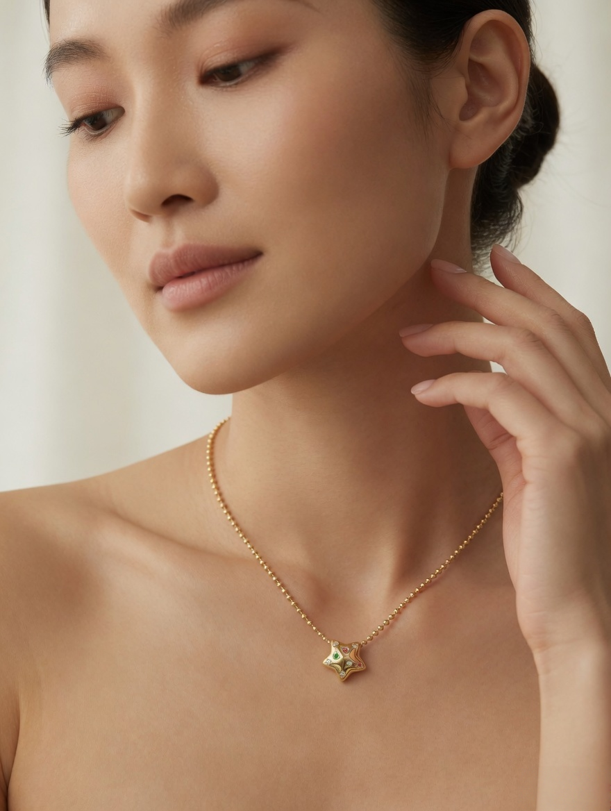 CARV. gold star zircon pendant necklace worn at collarbone with delicate fine chain