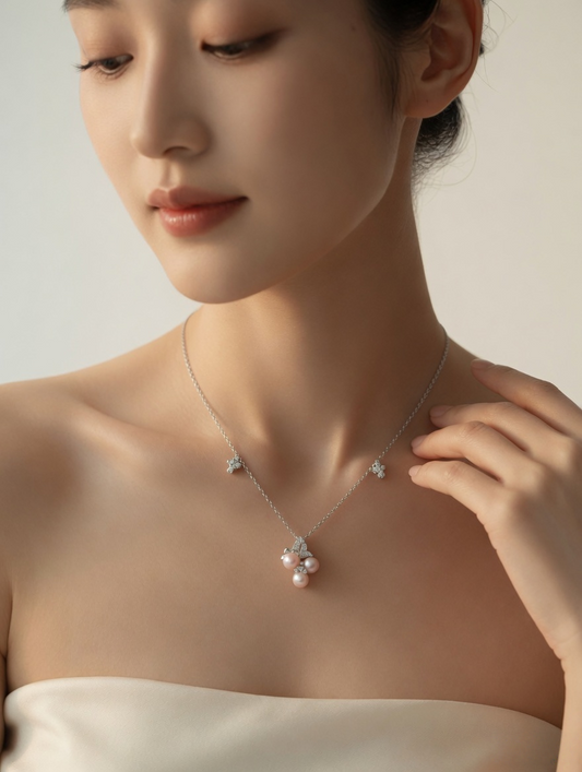 CARV. silver pink berry cluster necklace worn at collarbone with crystal bow and pink bead drops