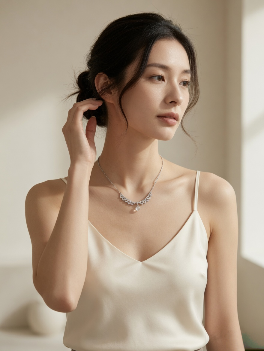 CARV. silver crystal drop necklace styled on neckline with fine chain and curved crystal design