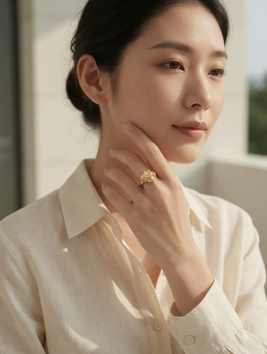 CARV. gold floral statement ring worn on hand with layered petals and pavé edge detail
