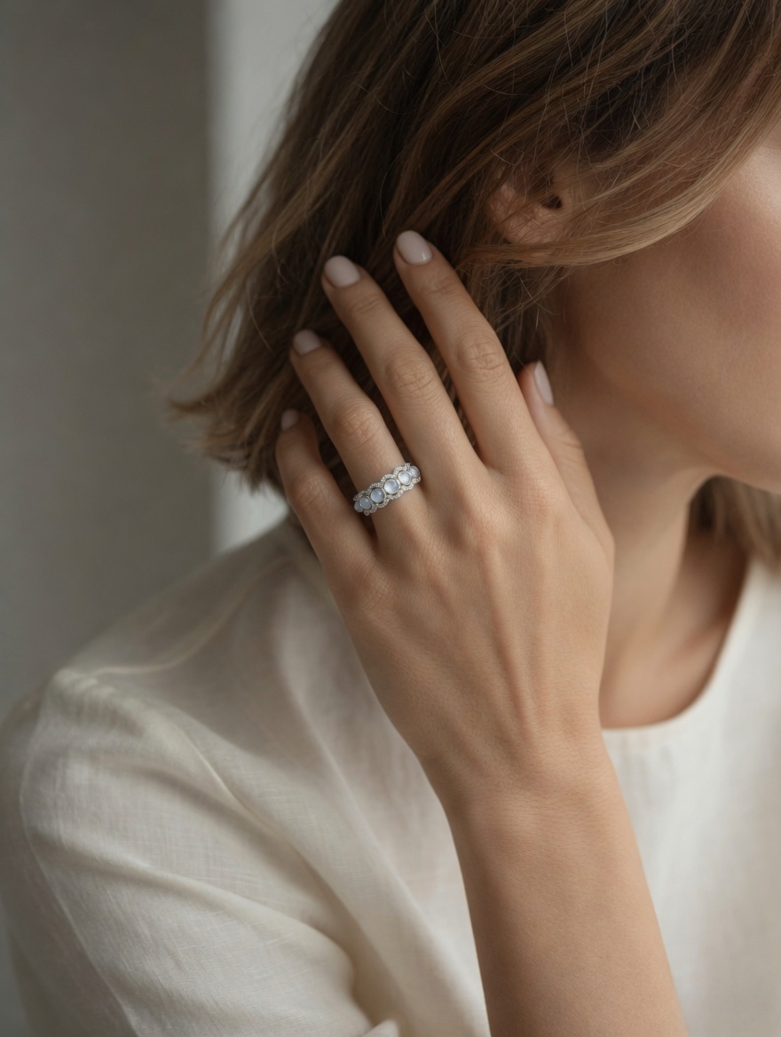 CARV. silver chalcedony cluster ring worn on hand with translucent stone cluster detail
