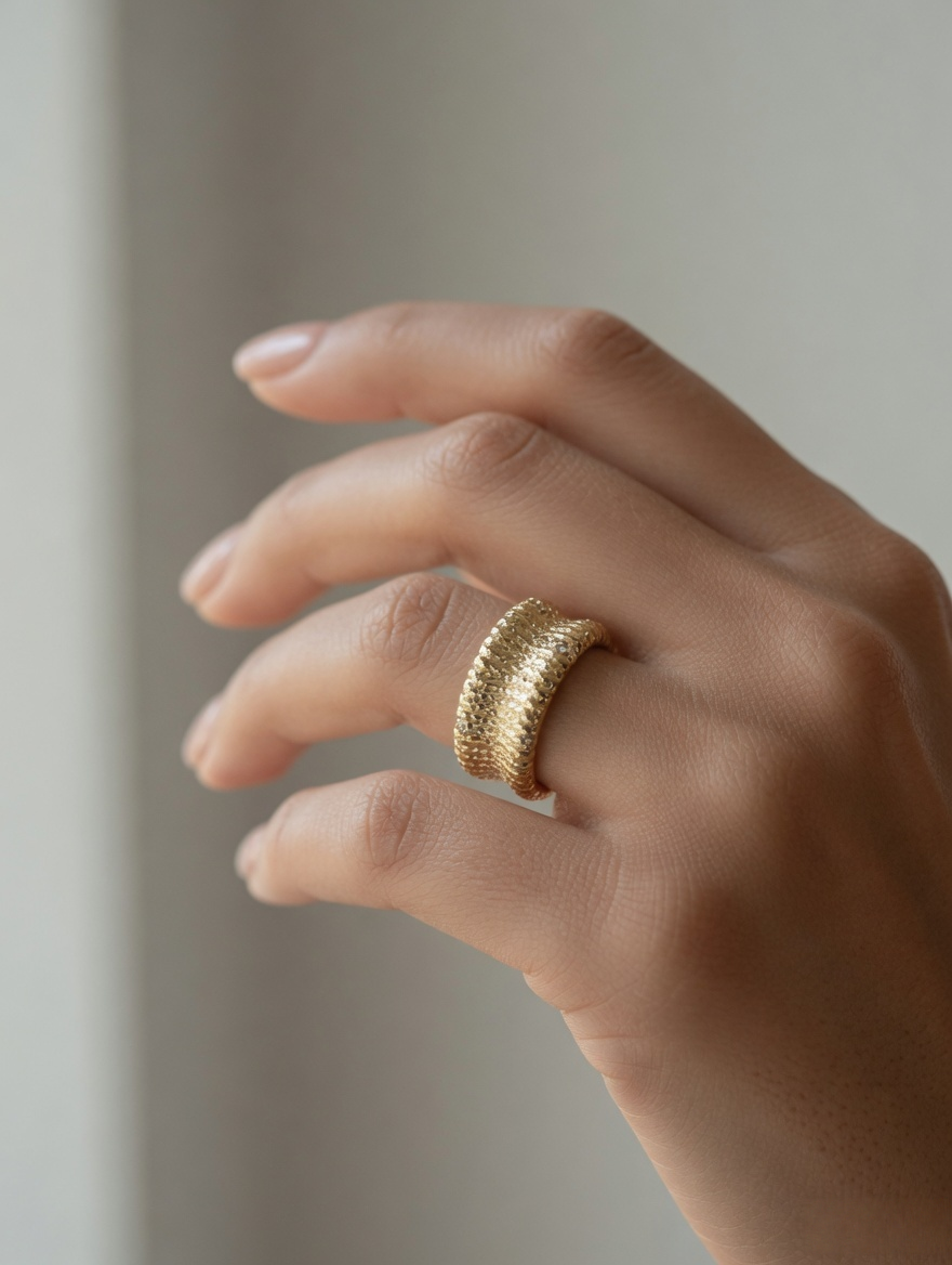 CARV. gold textured wide band ring worn on hand with ribbed surface detail