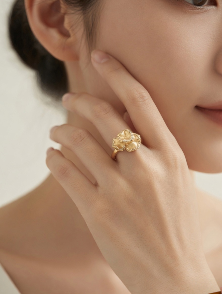 CARV. gold floral statement ring worn on hand with layered petals and pavé edge detail