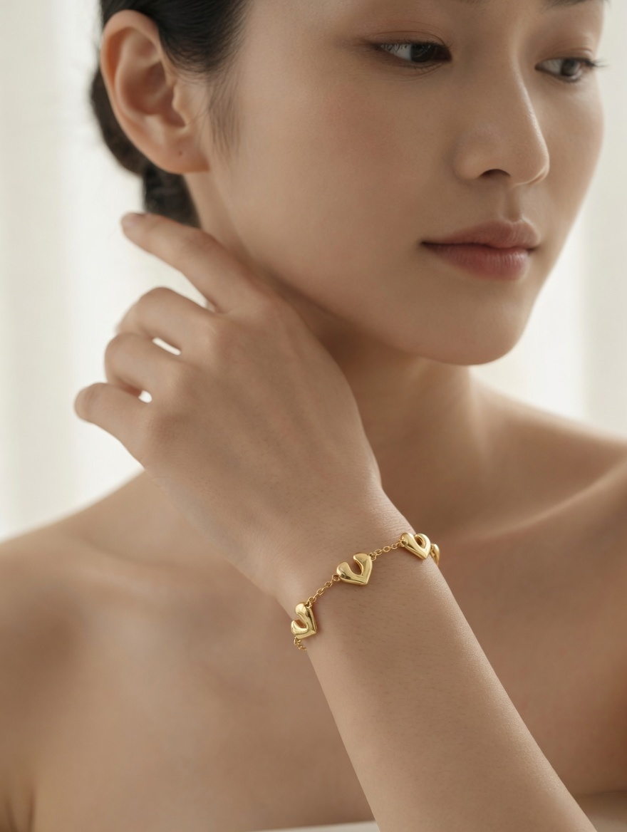 CARV. gold open heart charm bracelet worn on wrist in a soft close-up portrait
