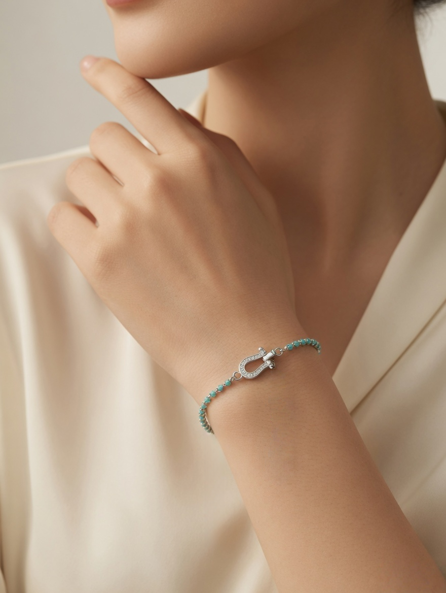 CARV. turquoise beaded bracelet with silver bar accent worn on wrist in close-up styling