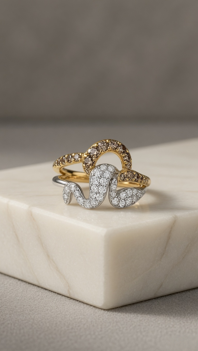 CARV. two-tone sculptural ring set with gold and silver layered bands and pavé detail