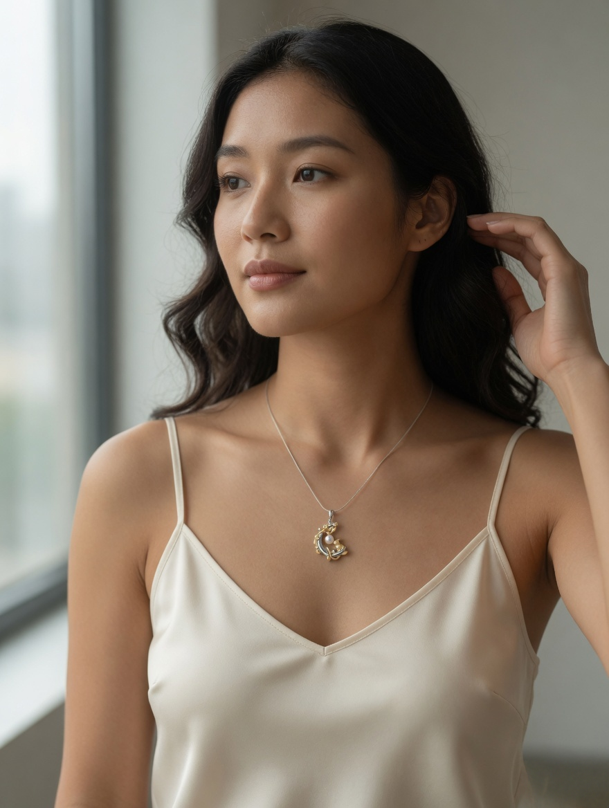 CARV. two-tone moon rabbit pearl pendant necklace with gold rabbit detail, silver moon shape and pearl charm worn on neck