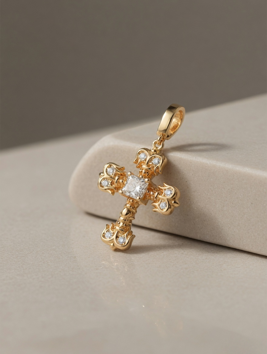 CARV. gold crystal cross pendant necklace with ornate cross design on display