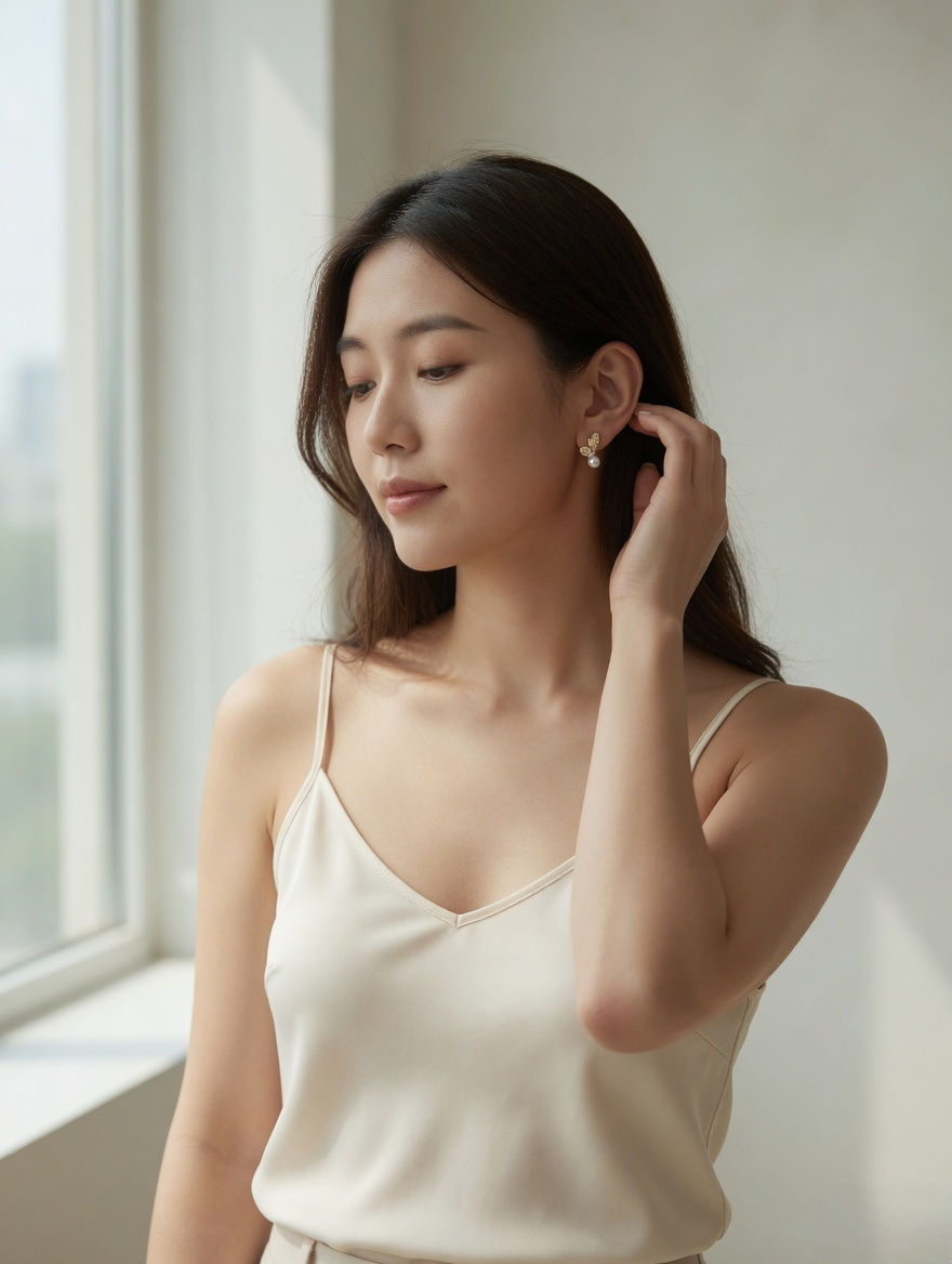 CARV. gold pearl floral stud earrings worn on ear with flower shape and pearl drop detail