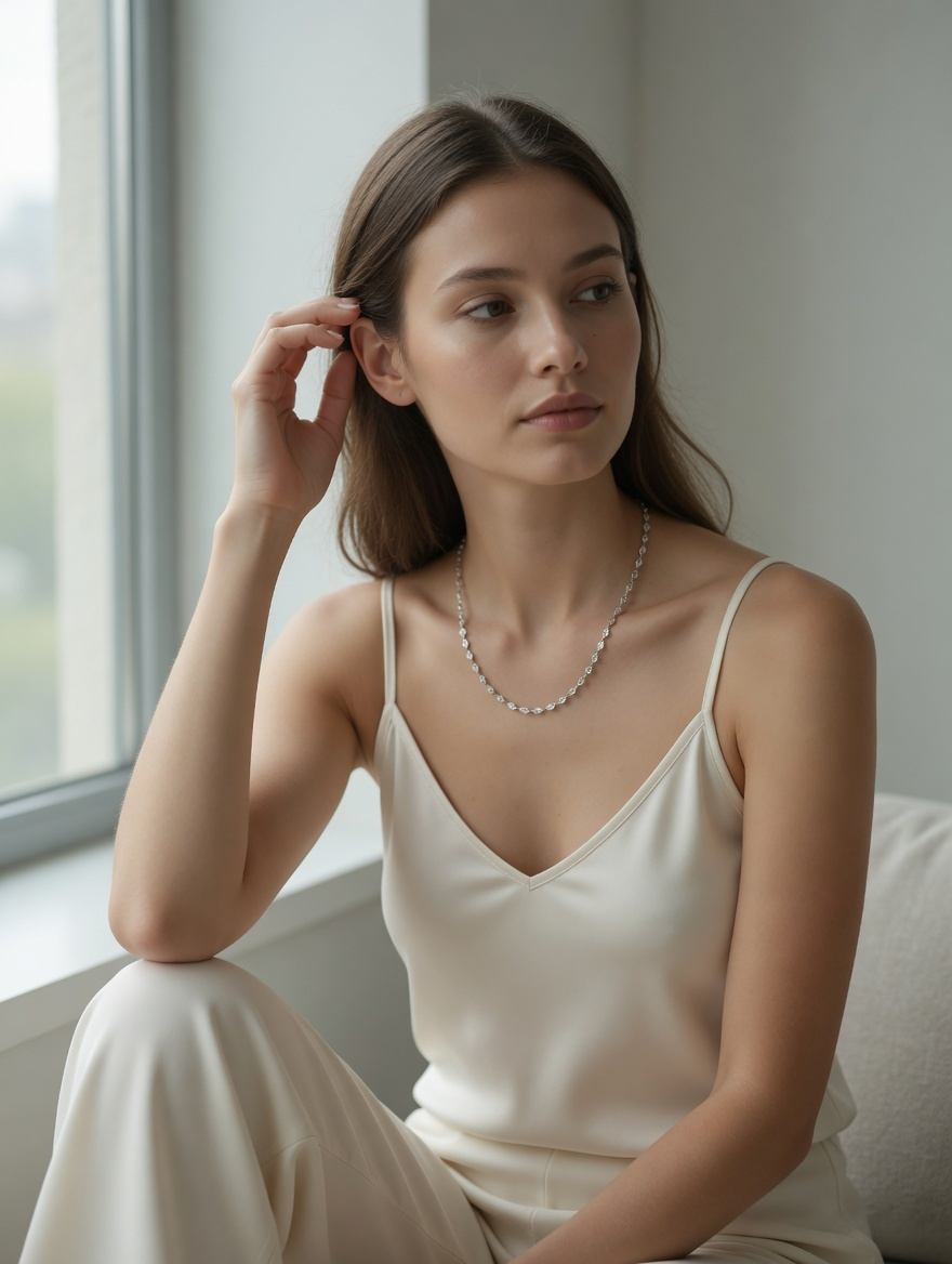 CARV. silver facet single chain necklace with elongated faceted links worn on neck