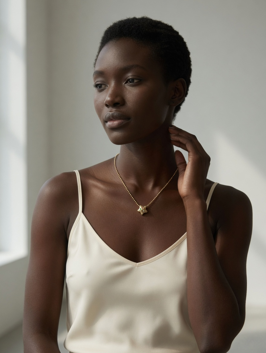 CARV. gold star zircon pendant necklace styled on neckline with small sparkling charm