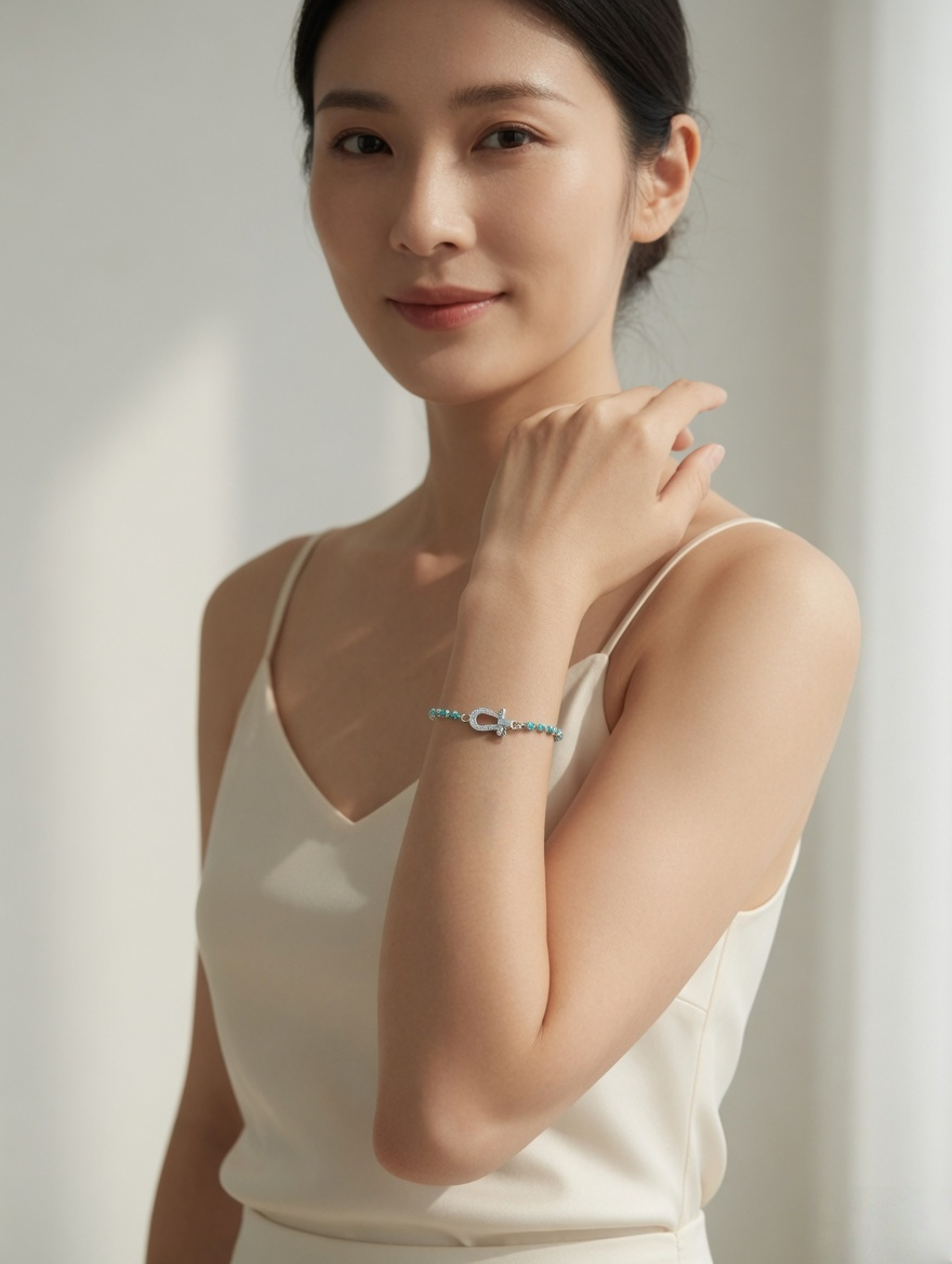 CARV. turquoise beaded bracelet with silver accent shown in a natural wrist-wearing view