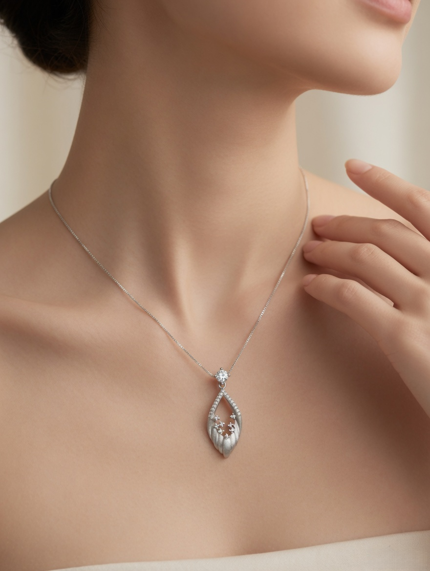 CARV. silver openwork marquise pendant necklace worn at collarbone with crystal flower detail