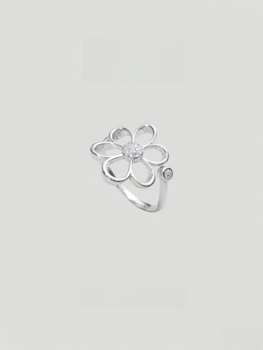 CARV. silver daisy flower ring with crystal center and open petal design product close-up