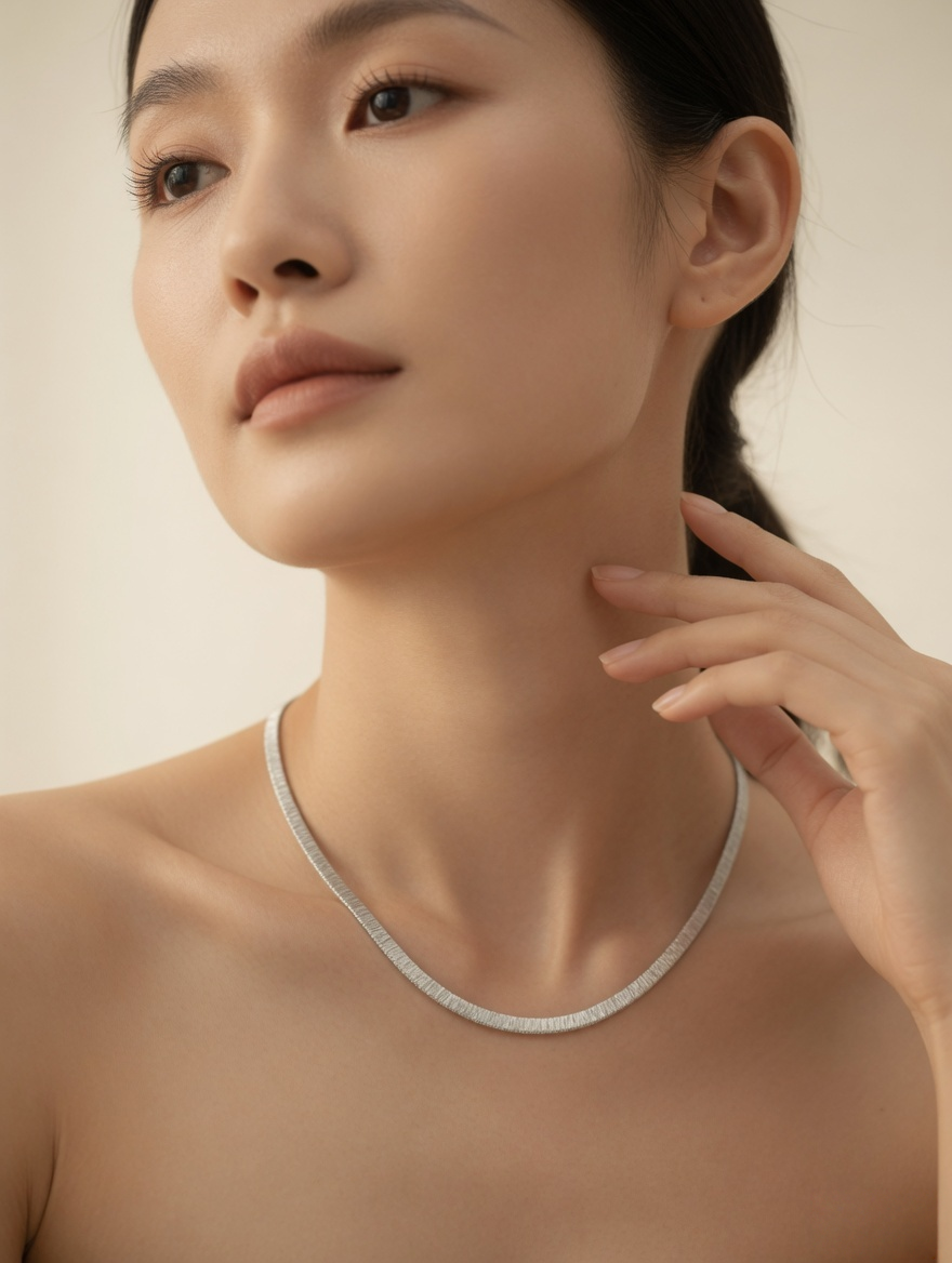 CARV. silver textured collar necklace worn at collarbone with smooth curved chain shape