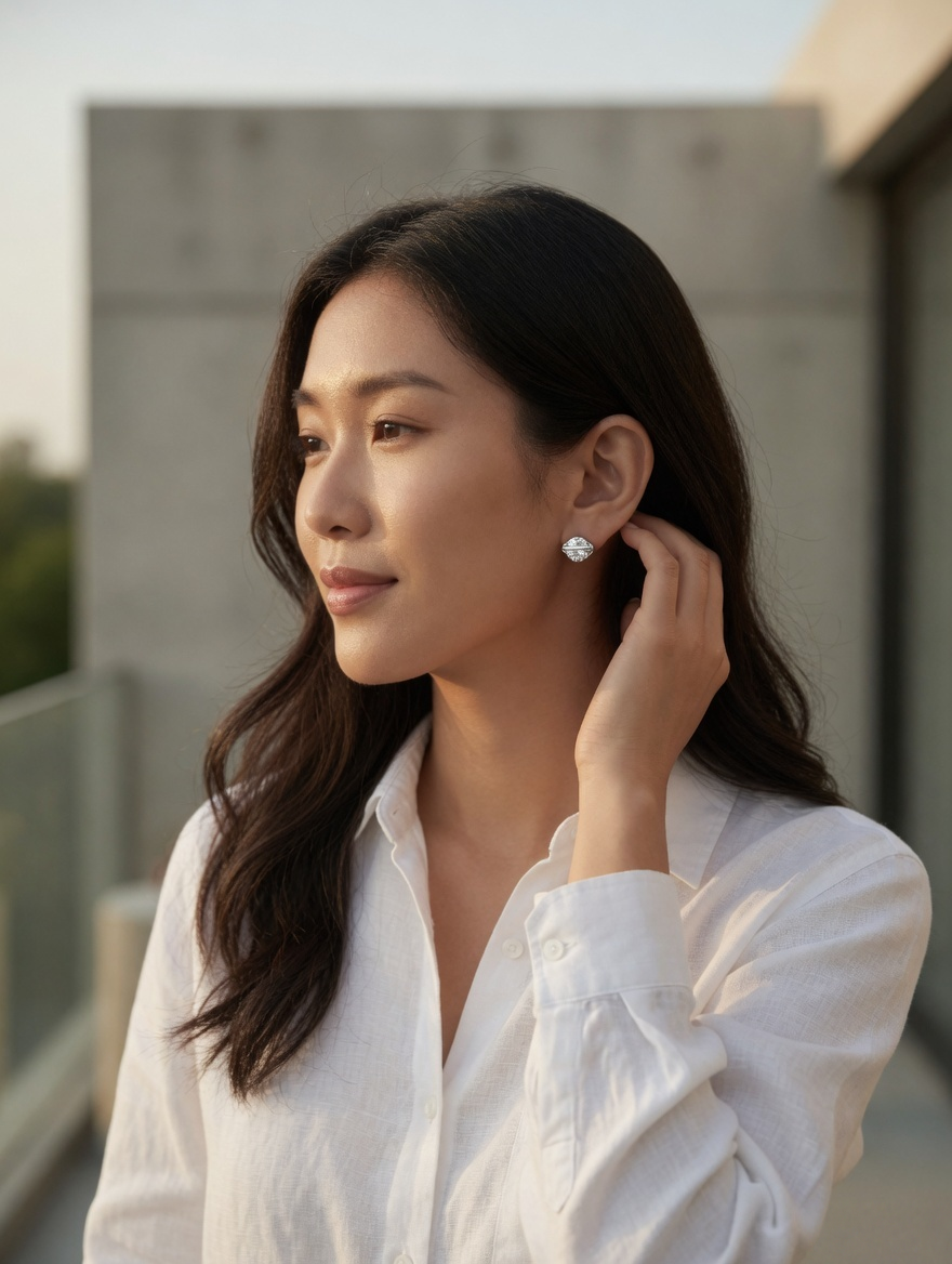 CARV. silver round crystal orbit stud earrings worn on ear in portrait view