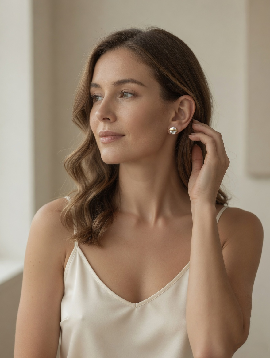 CARV. gold round crystal orbit stud earrings worn on ear in side profile