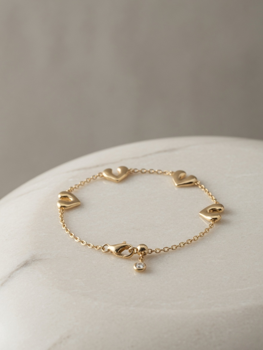 CARV. gold open heart charm bracelet displayed on a stone surface with hanging charm detail