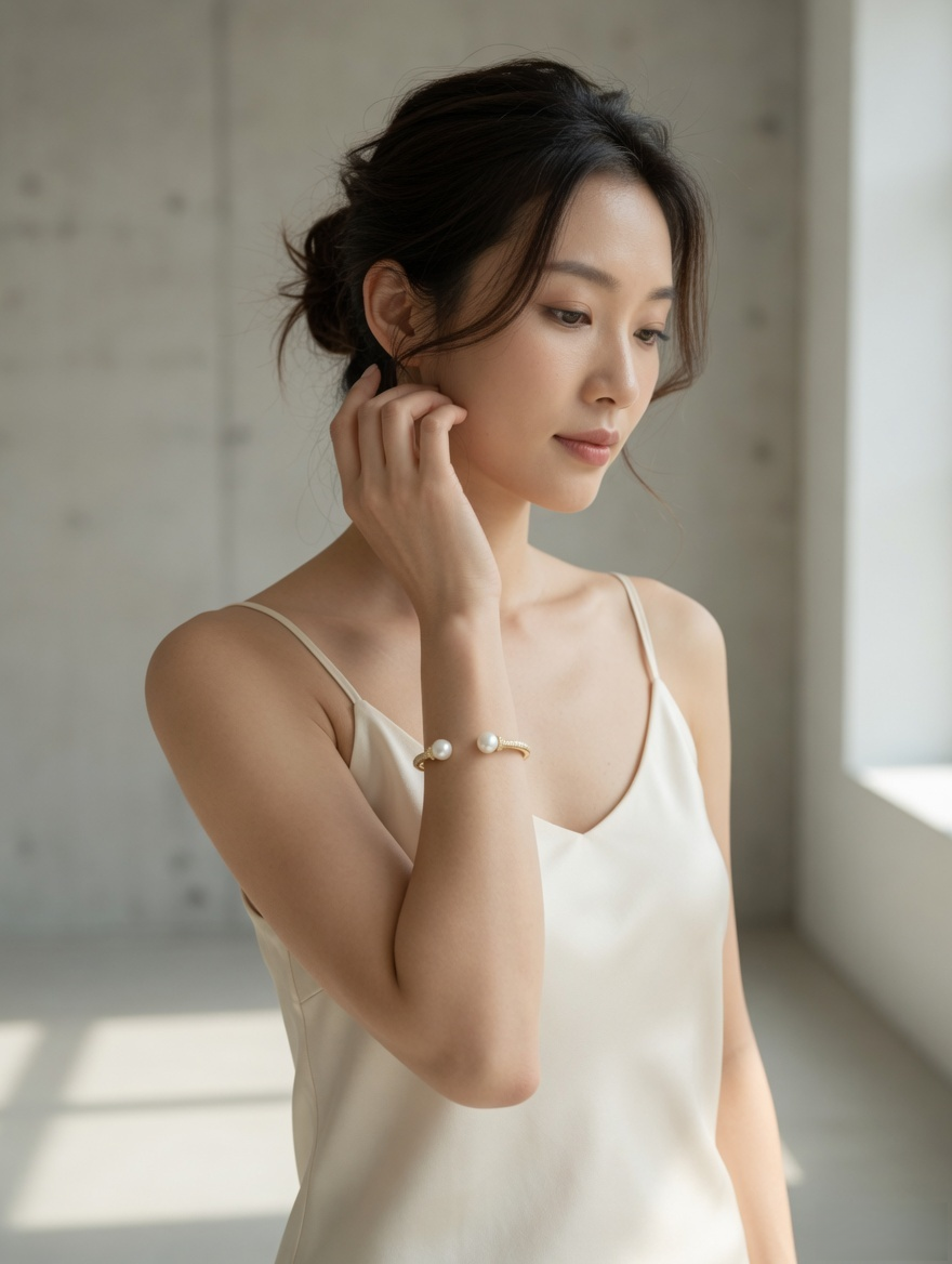 CARV. gold pearl open cuff bangle worn on wrist