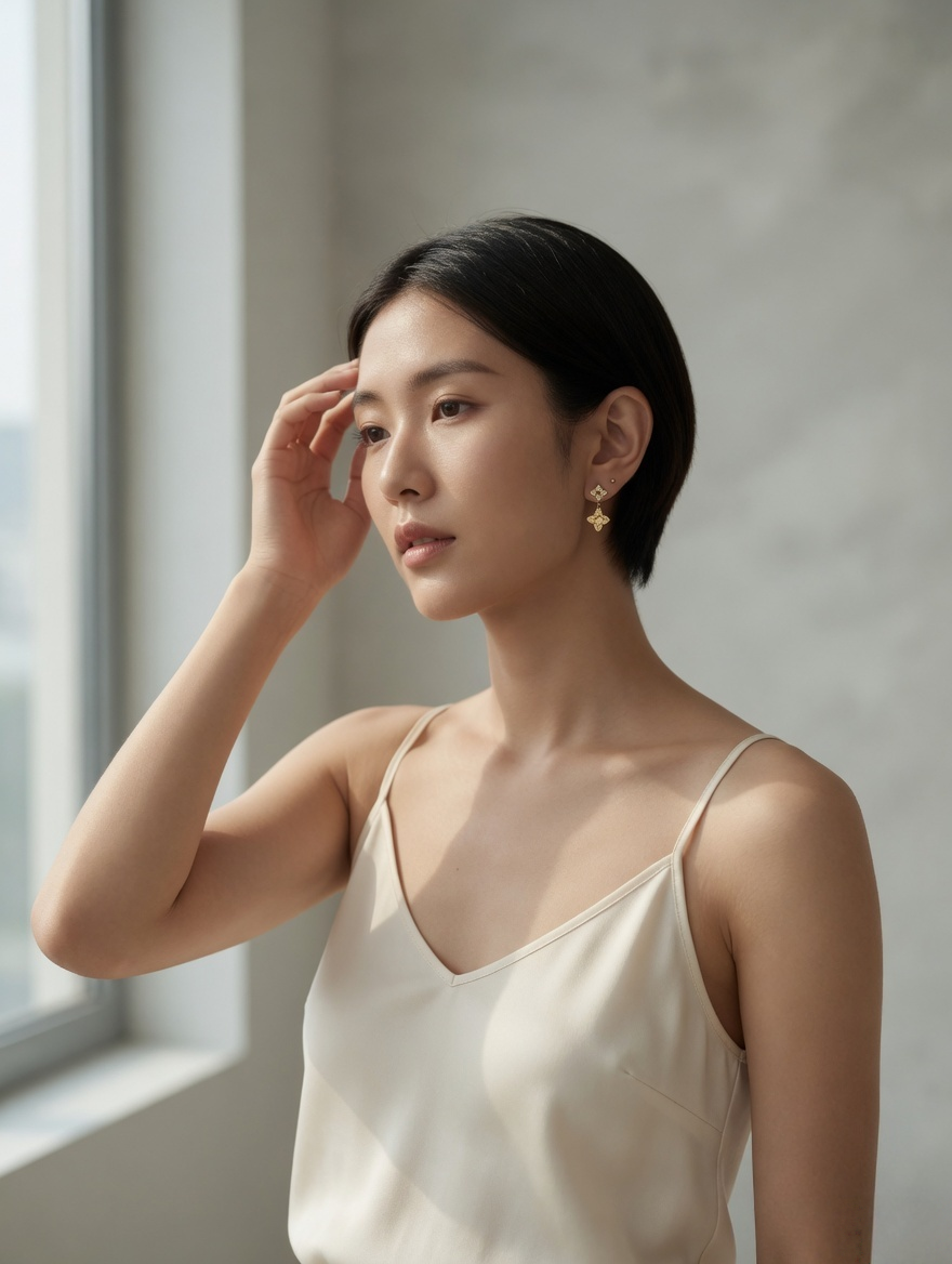 CARV. gold clover drop earrings worn on ear