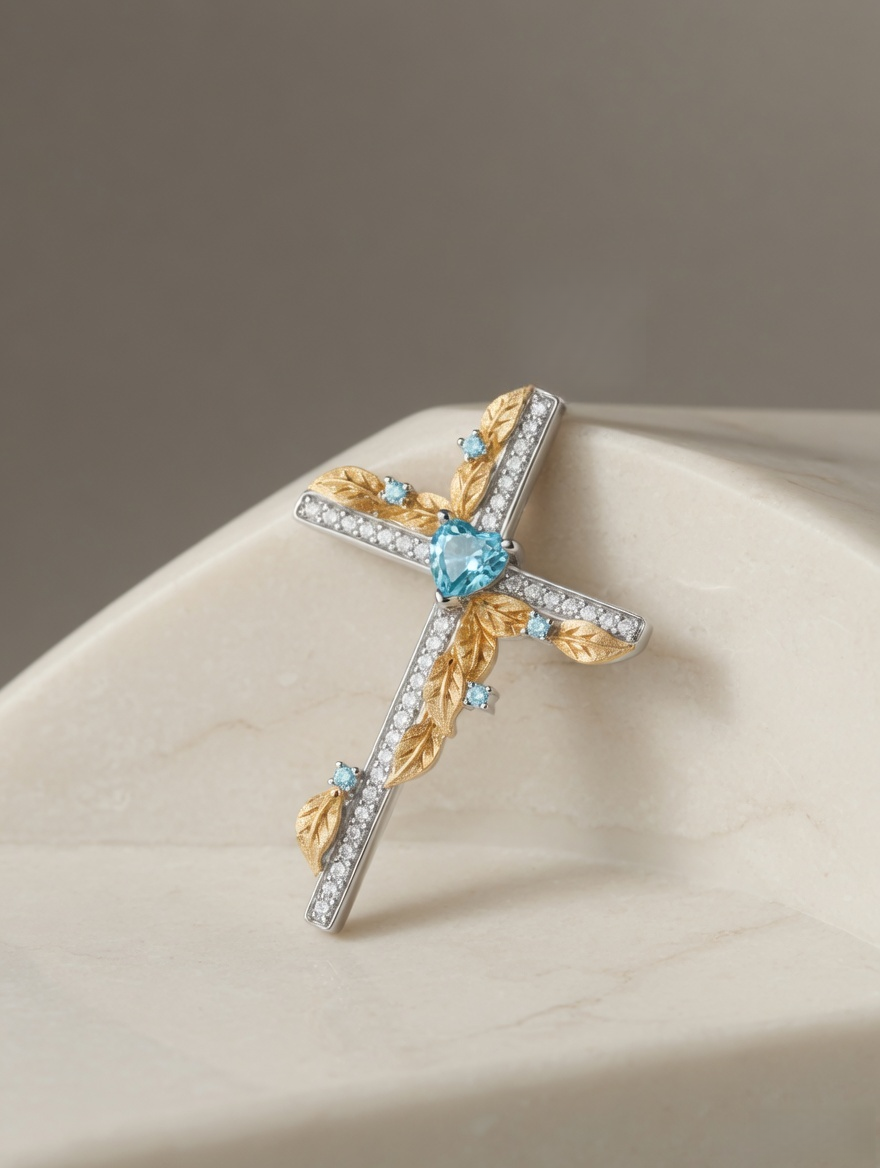 CARV. two-tone cross pendant necklace with blue heart stone, gold leaf accents and pavé cross detail product display