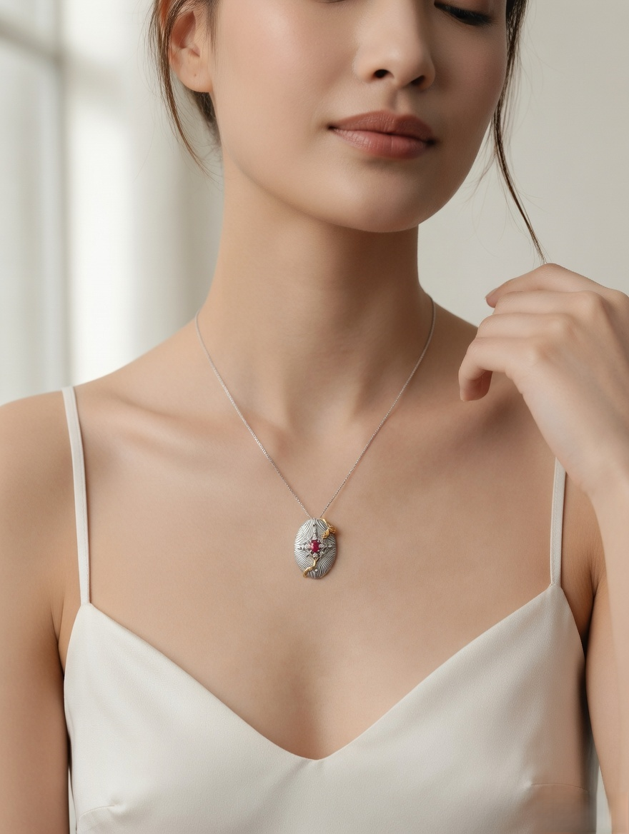 CARV. ruby serpent medallion pendant necklace styled on neckline with gold snake detail and oval silver medallion
