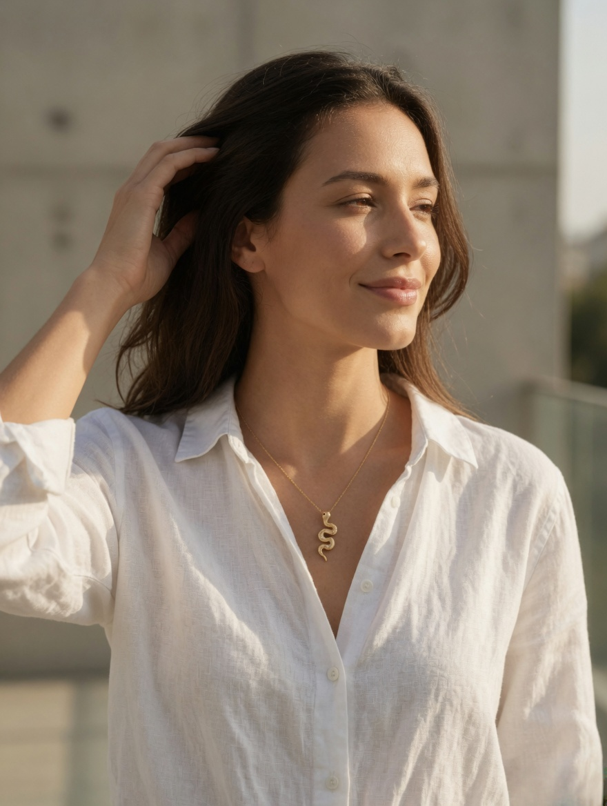CARV. gold snake pendant necklace worn at collarbone with coiled snake pendant detail